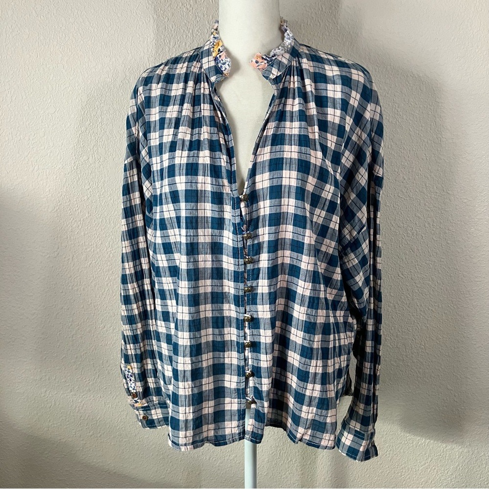 Anthropologie PILCRO Plaid Button Shirt M Floral Boho Cottage Festival Peasant - Picture 2 of 14
